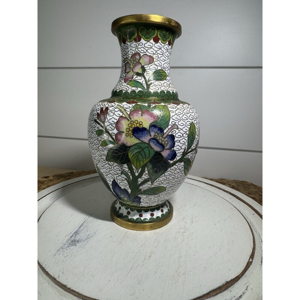 VTG Floral Cloisonné Brass Oriental Bud Vase 5”
